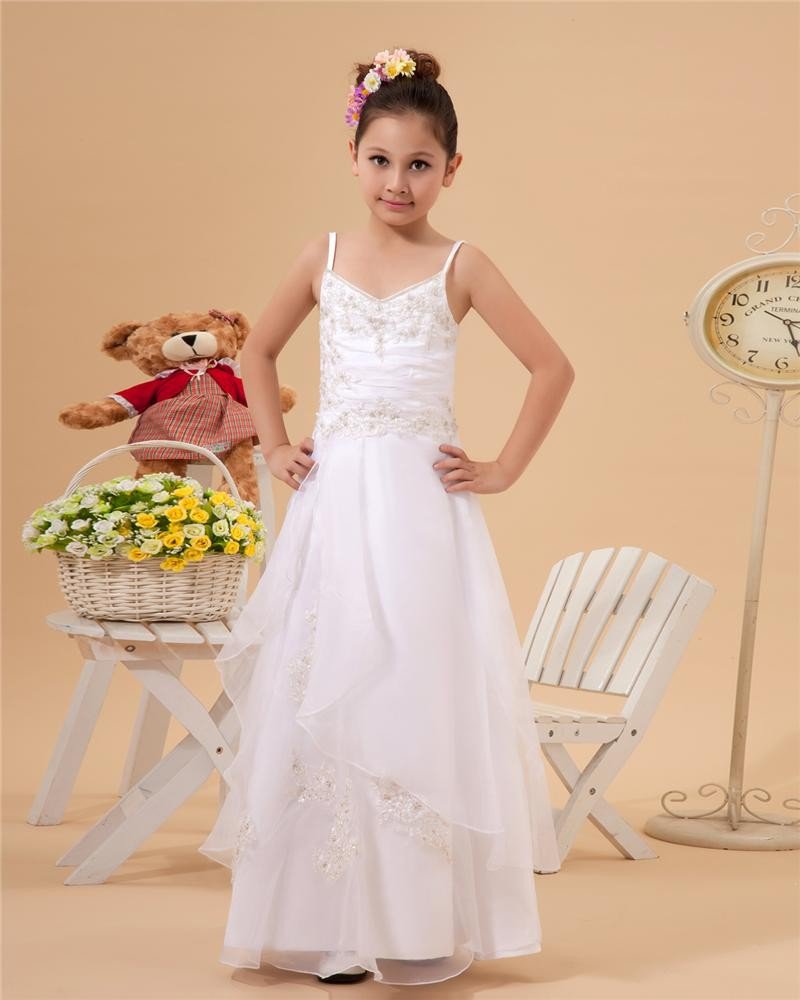 Organza Taffeta Beading Embroidery Spaghetti Straps Flower Girl Dresses 2214120043