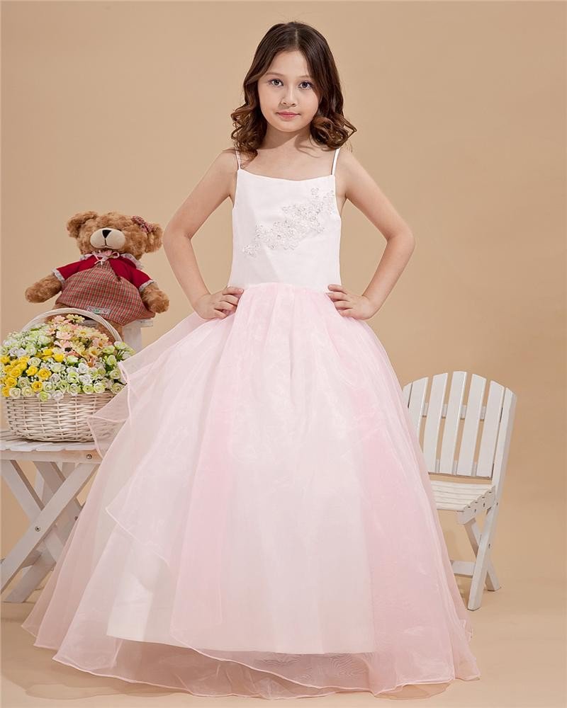Beautiful Applique Beading Spaghetti Straps Floor Length Taffeta Organza Flower Girl Dresses 2214120