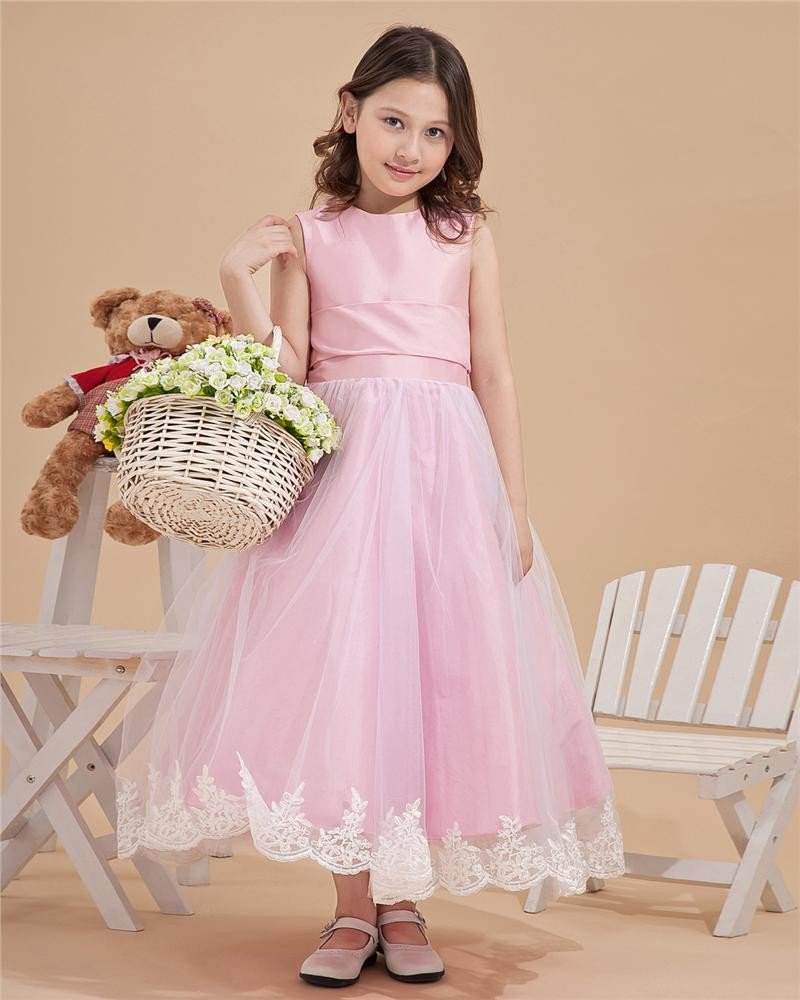 Satin Mesh Embroidery Bowtie Round Neck Flower Girl Dresses 2214120048