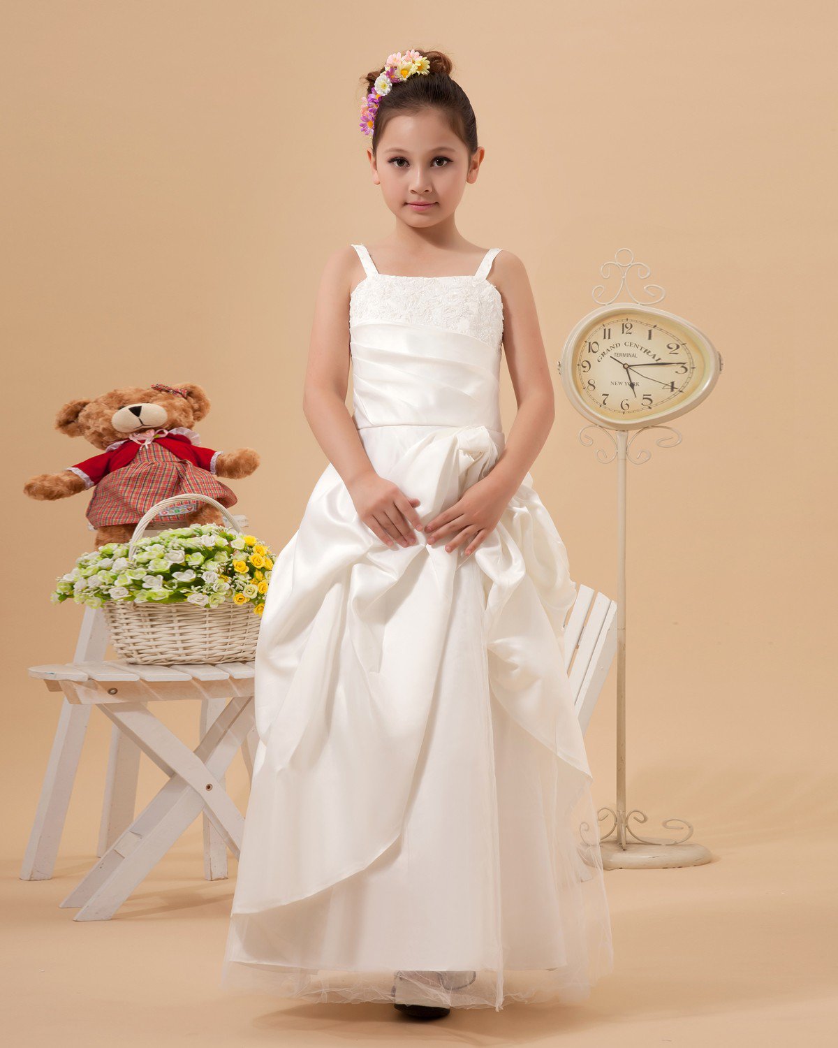 Cute A-Line Spaghetti Straps Ankle Length Satin Flower Girl Dresses 2214120017