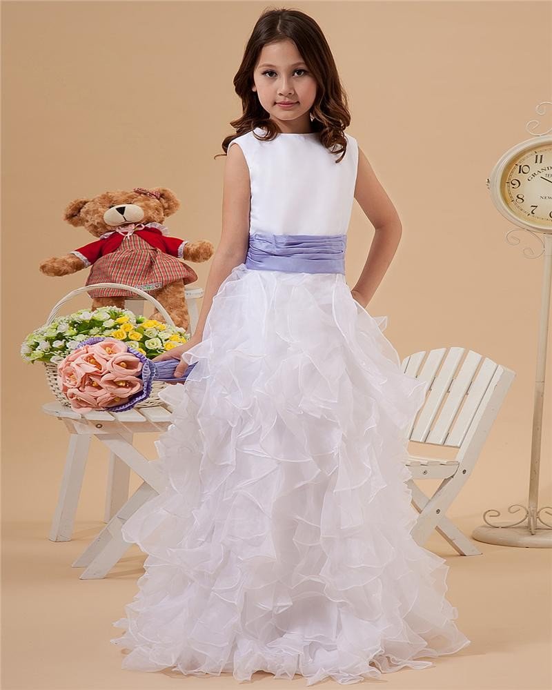 Round Neck Layered Yarn Floor Length Flower Girl Dresses 2214120046