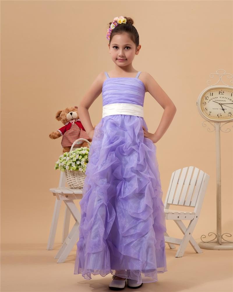 Cute Ball Gown Spaghetti Straps Ankle-Length Satin Organza Applique Beading Flower Girl Dress 221412