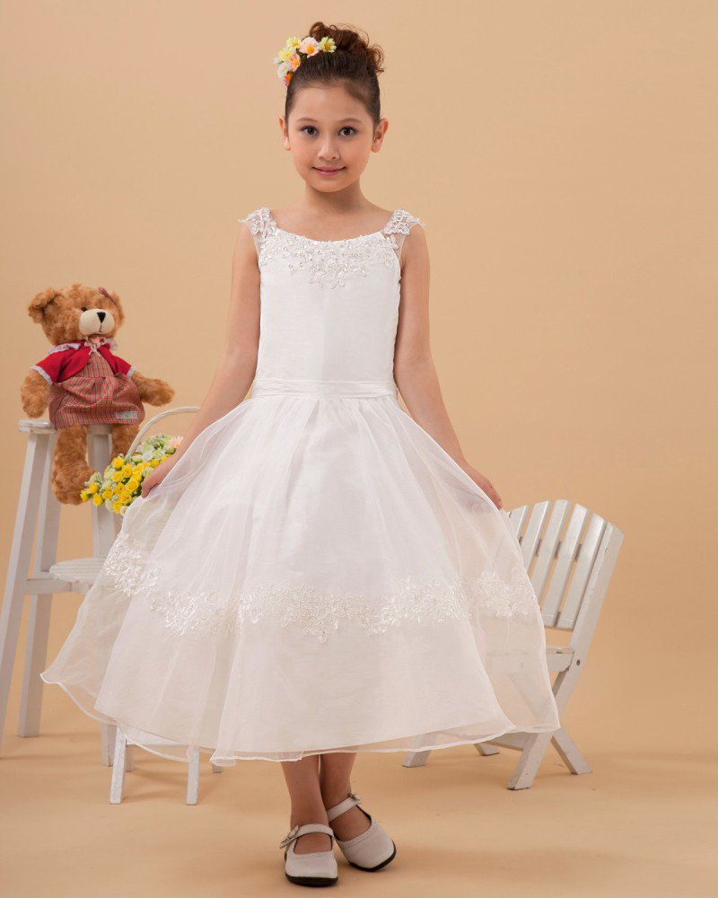 Satin Yarn Ankle-Length Appliques Flower Girl Dresses 2214120068