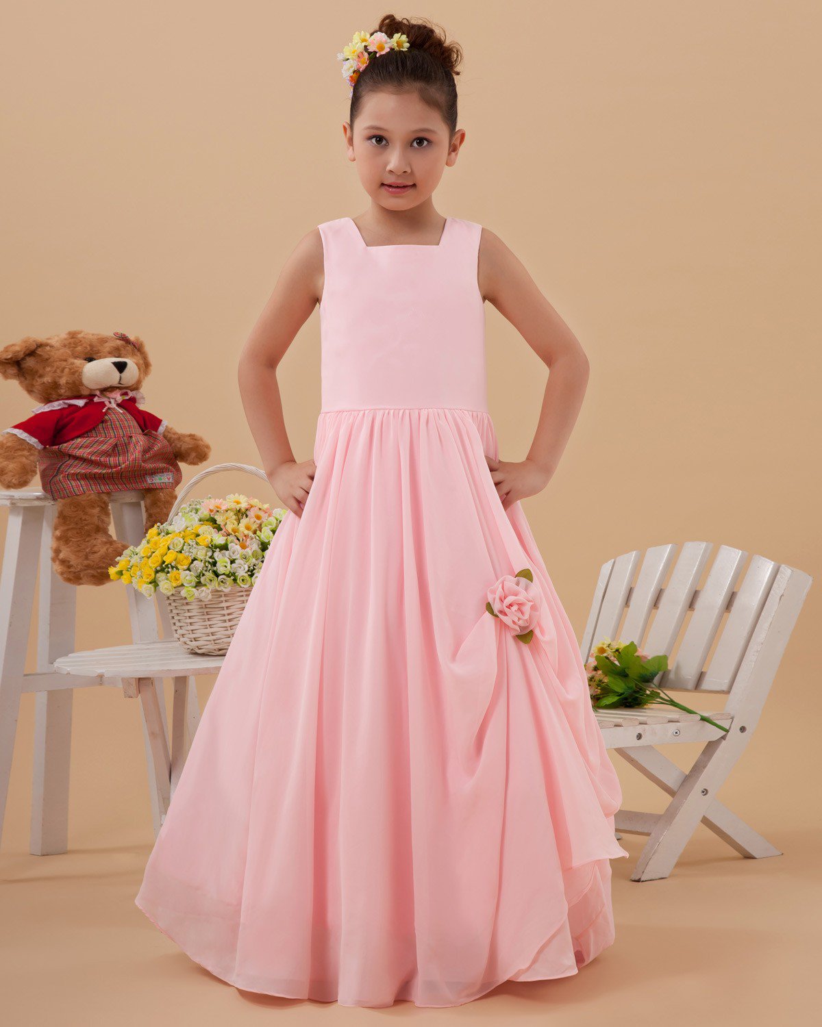 Taffeta Flower Ruffle Square Neck Floor Length Flower Girl Dresses 2214120071