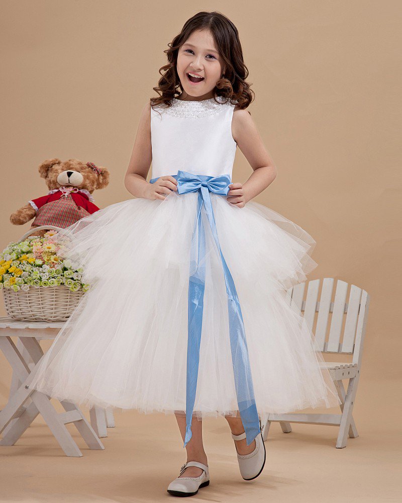 Lovely Yarn Satin Ankle-Length Beading Flower Girl Dresses 2214120037
