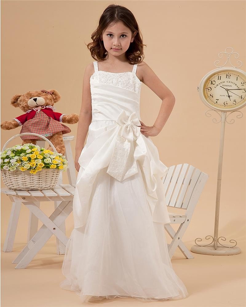 Satin Tulle Ruffle Spaghetti Strap Ankle Length Flower Girl Dresses 2214120052