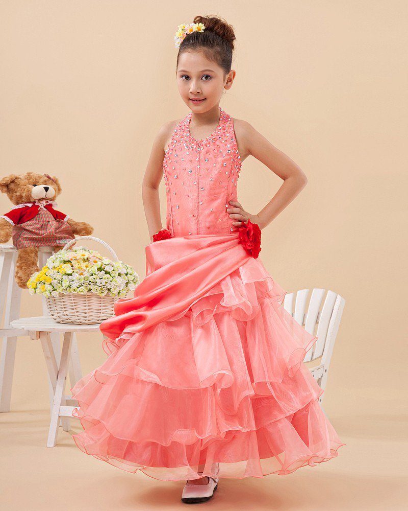 Angel Taffeta Yarn Halter Ruffle Floor Length Junior Bridesmaid Dresses 2214120003
