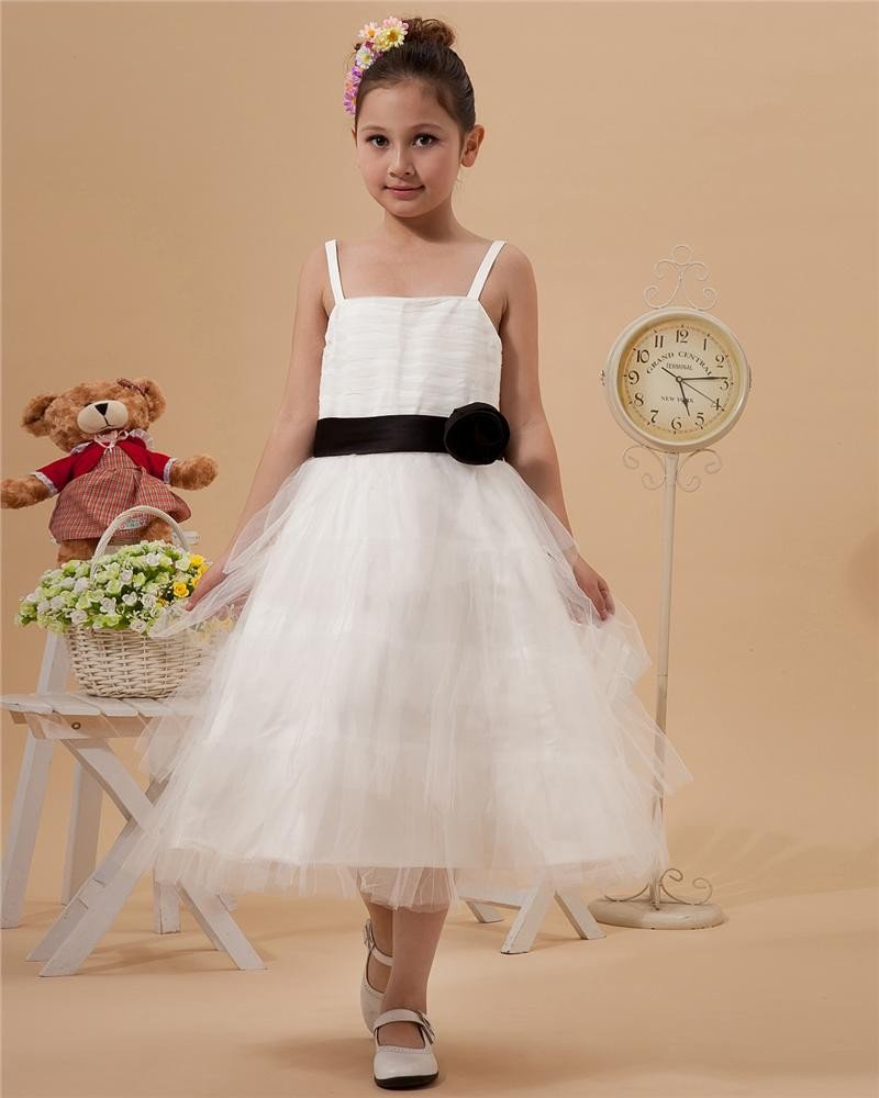Satin Mesh Ruffle Sash Spaghetti Strap Tea Length Flower Girl Dresses 2214120049