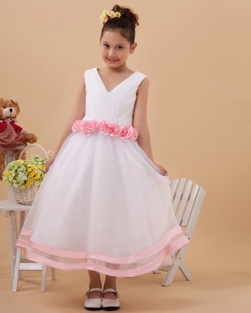 Beautiful V Neck Tulle Handmade Flower Girl Dresses 2214120011
