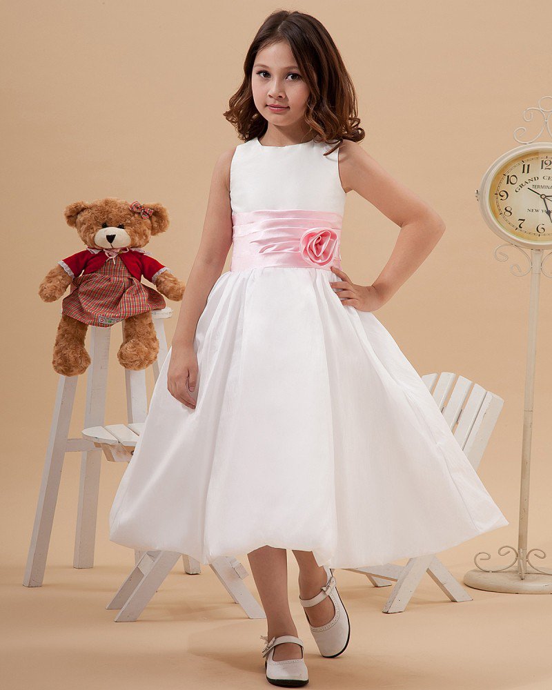 Taffeta Manual-Flower Pattern Scoop-Neckline Sleeveless Tea-Length Flower Girl Dresses 2214120073