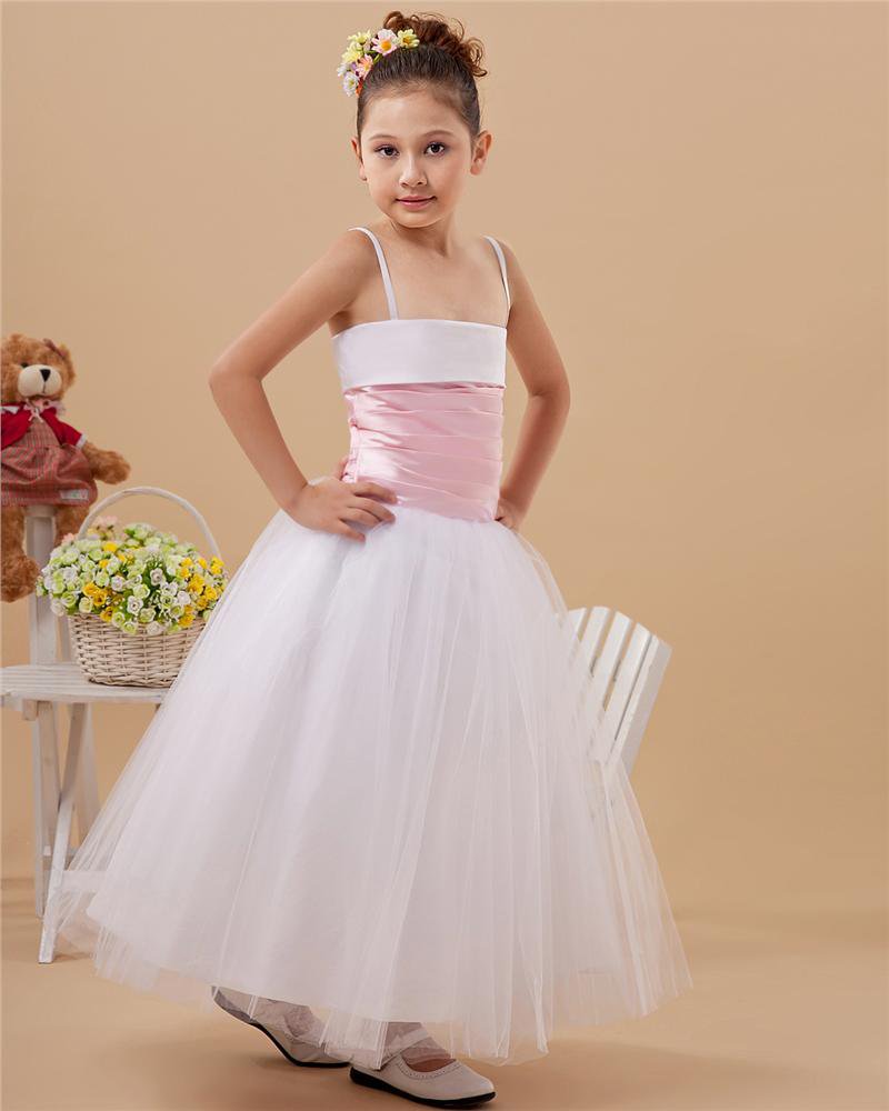 Taffeta Organza Layered Sash Spaghetti Strap Floor Length Flower Girl Dresses 2214120075