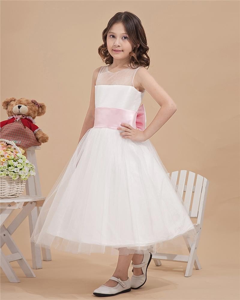 Satin Organza Bateau Tea Length Flower Girl Dresses 2214120059