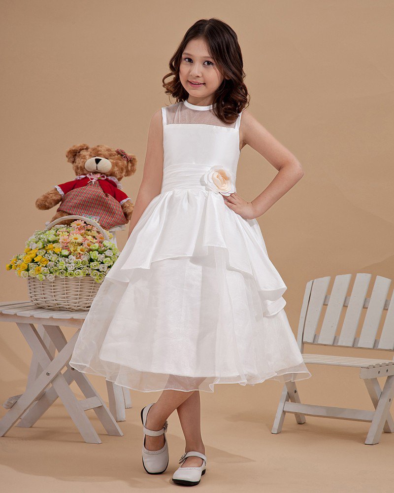 Satin Organza Applique Scoop-Neckline Sleeveless Tea-Length Flower Girl Dresses 2214120050