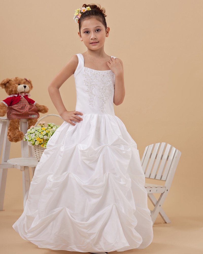 Fashion Ruffle Beading Square Neck Floor Length Taffeta Flower Girl Dresses 2214120027