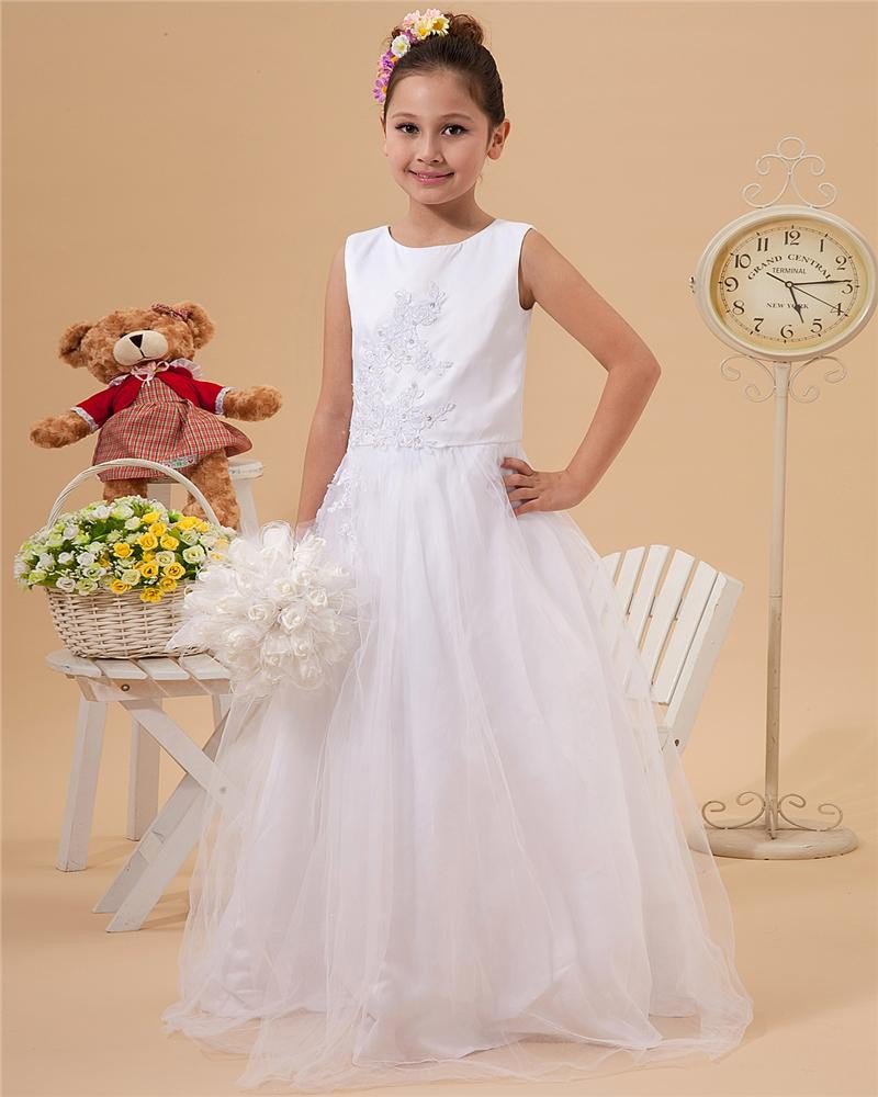 Cute A-Line Floor Length Satin Tulle Flower Girl Dresses 2214120013