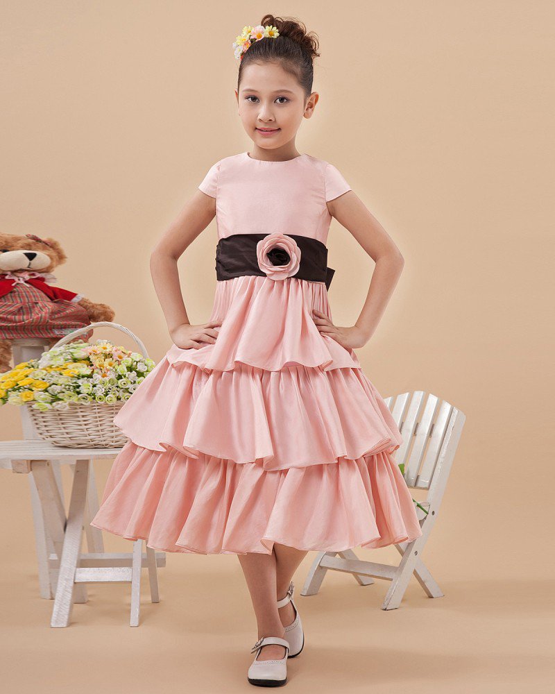 Satin Handmade Flowers Knee Length Flower Girl Dresses 2214120056