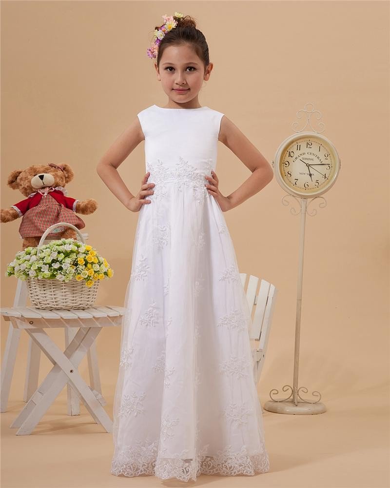 Satin Lace Ruffle Round Neck Floor Length Flower Girl Dresses 2214120047