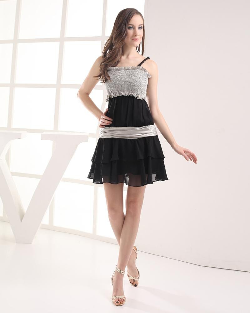 Spaghetti Straps Thigh Length Pleated Imitation Silk Chiffon Women Graduation Dress