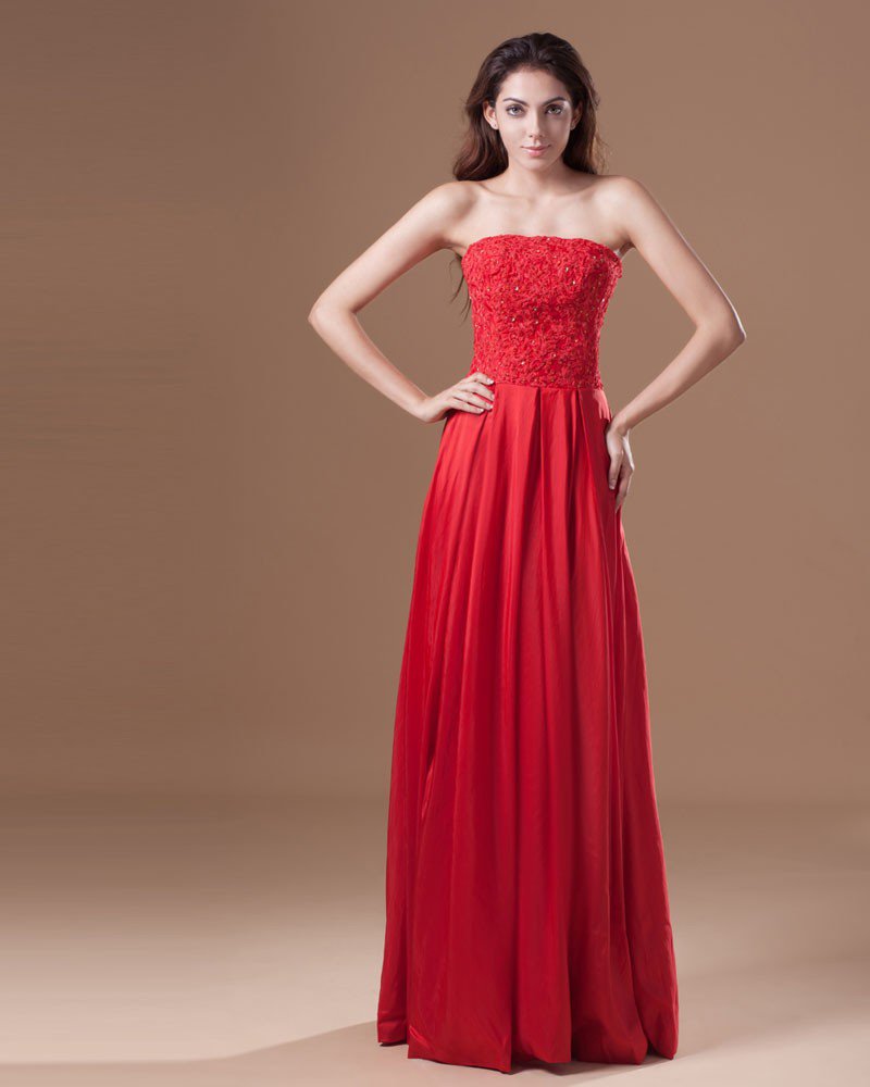 Taffeta Floor Length Applique Sequins Strapless Pleated Women Graduation Dress