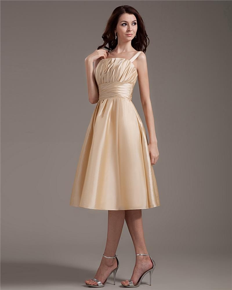 Satin Ruffles Shoulder Straps Knee Length Graduation Dress