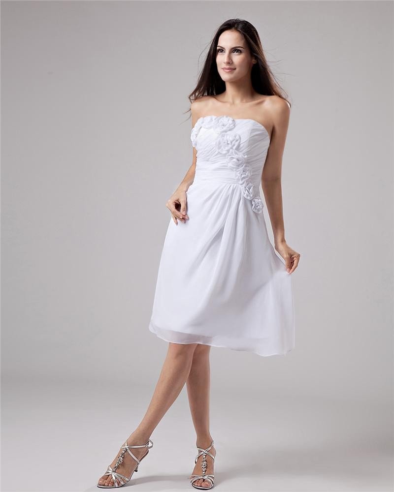 Chiffon Flower Ruffle Strapless Knee Length Graduation Dress