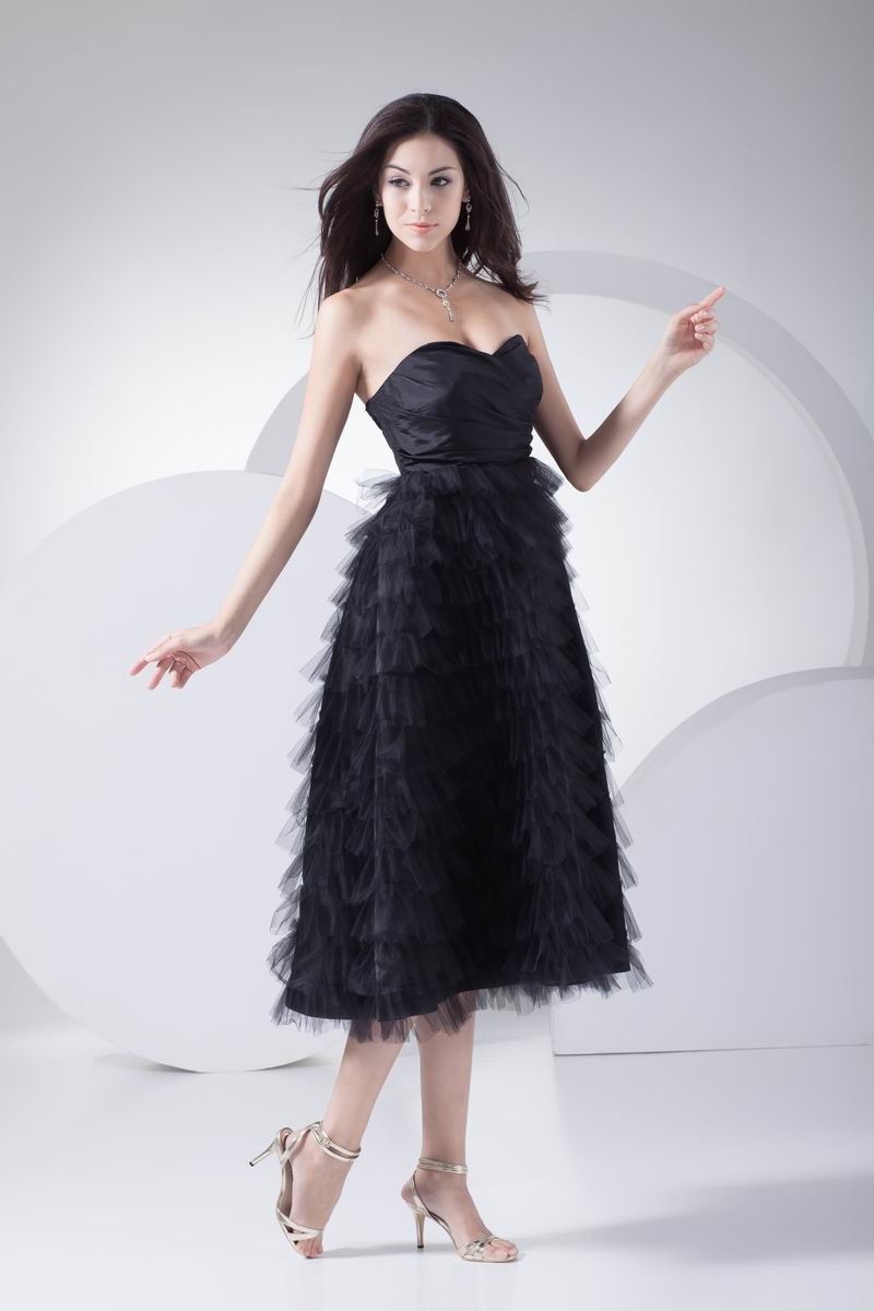 Fashion Tulle Pleated Ruffle Sweetheart Tea Length Graduation Dress