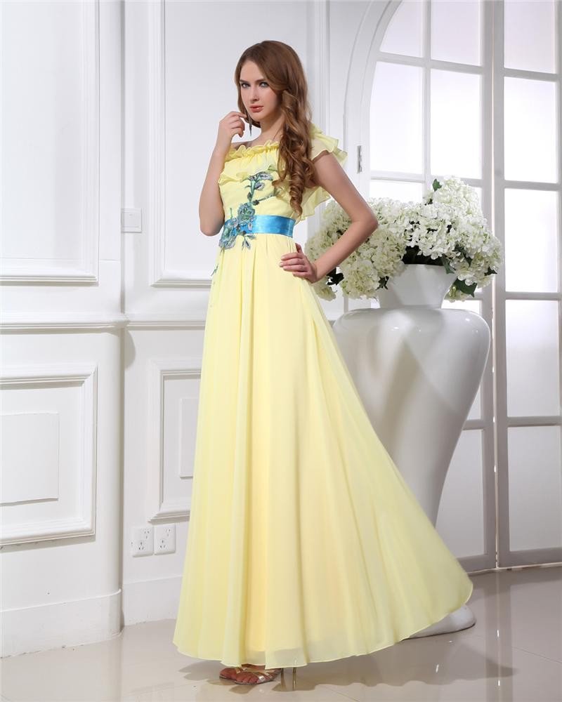 Applique Ruffles Sloping Floor Length Chiffon Graduation Dress