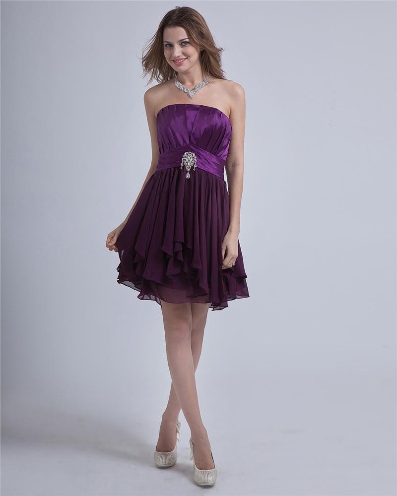 Charmeuse Chiffon Ruffle Strapless Knee-Length Graduation Dress