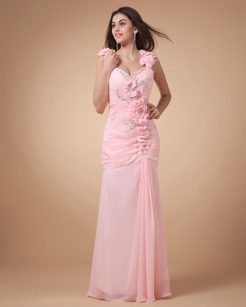 Chiffon Beading Pleated Shoulder Strap Floor Length Graduation Dress
