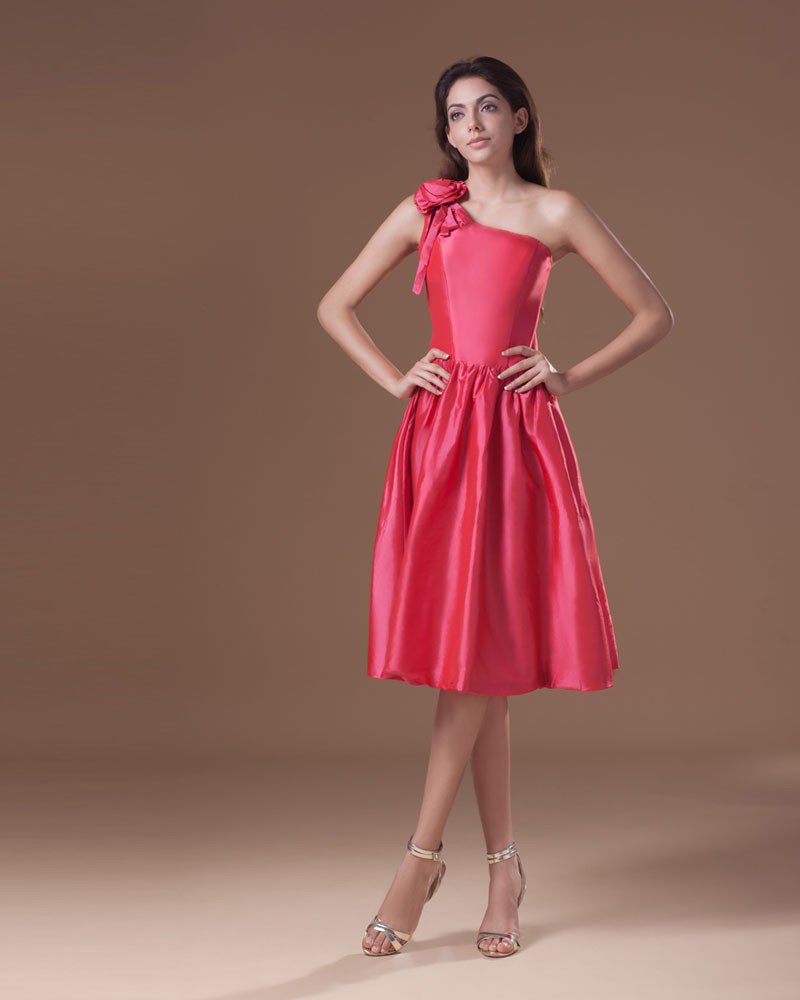Taffeta Tea Length One Shoulder Flower Pleated Women Graduation Dress