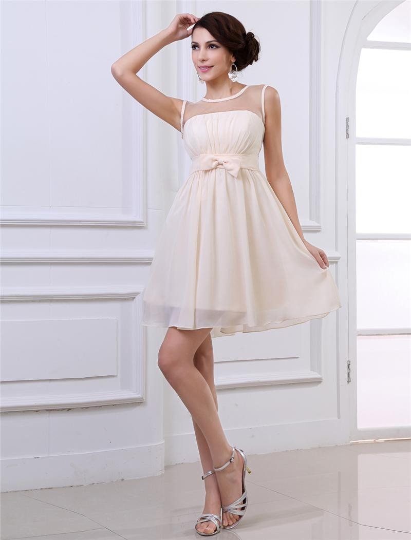 Chiffon Ruffles Round Neck Thigh Length Graduation Dress