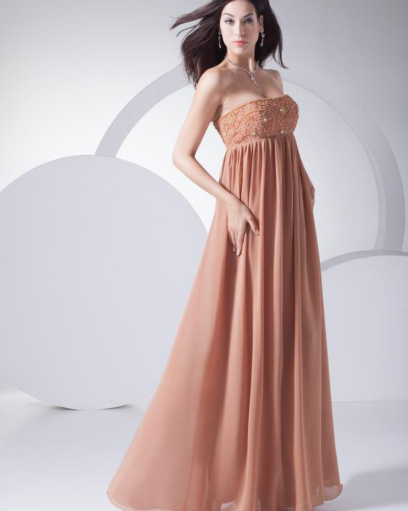 Fashion Chiffon Silk like Satin Ruffle Beading Strapless Floor Length Evening Dress