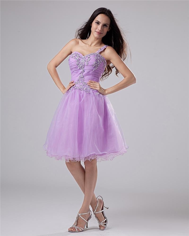 Organza Satin One Shouder Ruffle Applique Beading Short Mini A-line Graduation Dress