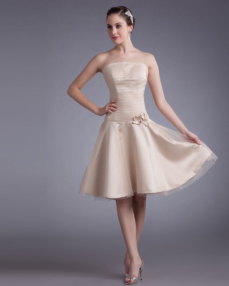 Tulle Knee Length Applique Strapless Beads Pleated Women Graduation Dress