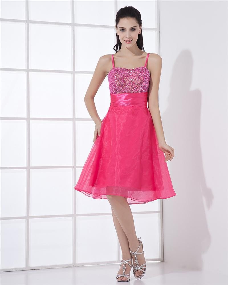 Organza Sequins Spaghetti Straps Sleeveless Zipper Knee Length Pleated Homecoming Dress