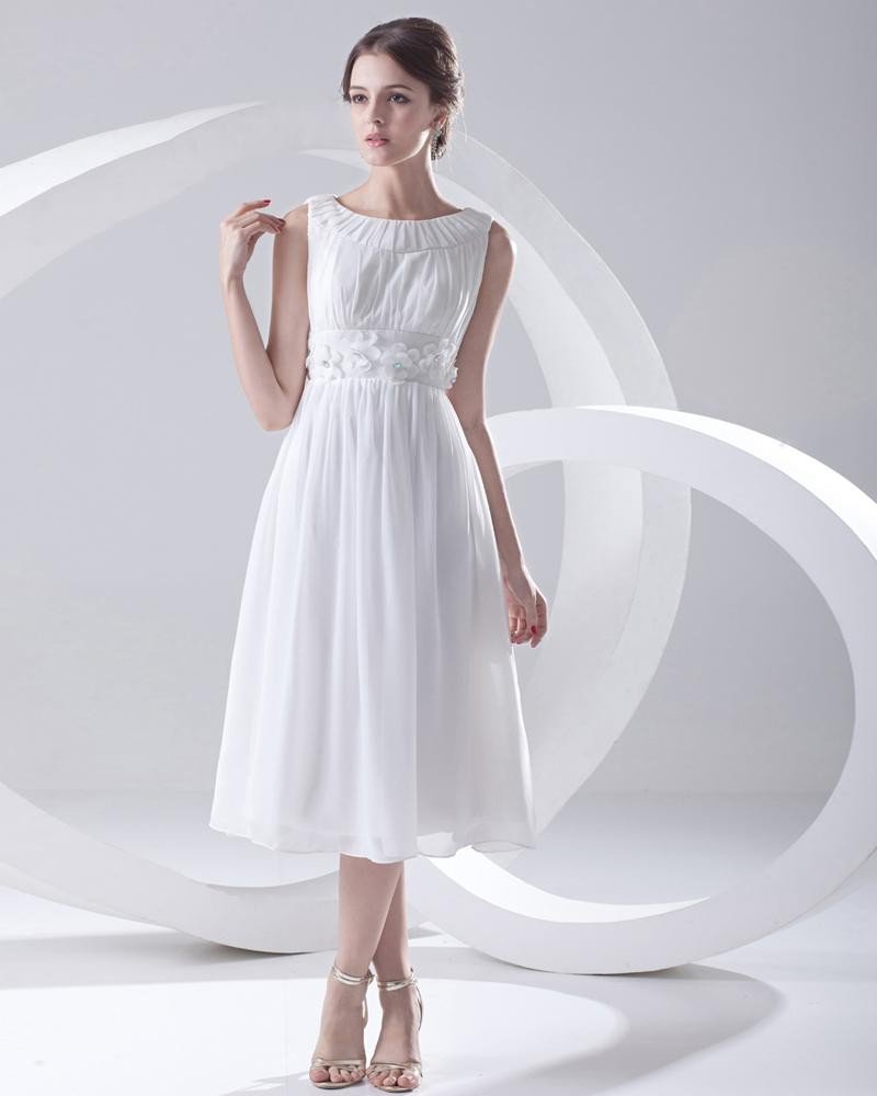 Tea Length Bateau Neck Sleeveless Flower Pleated Chiffon Woman Graduation Dresses
