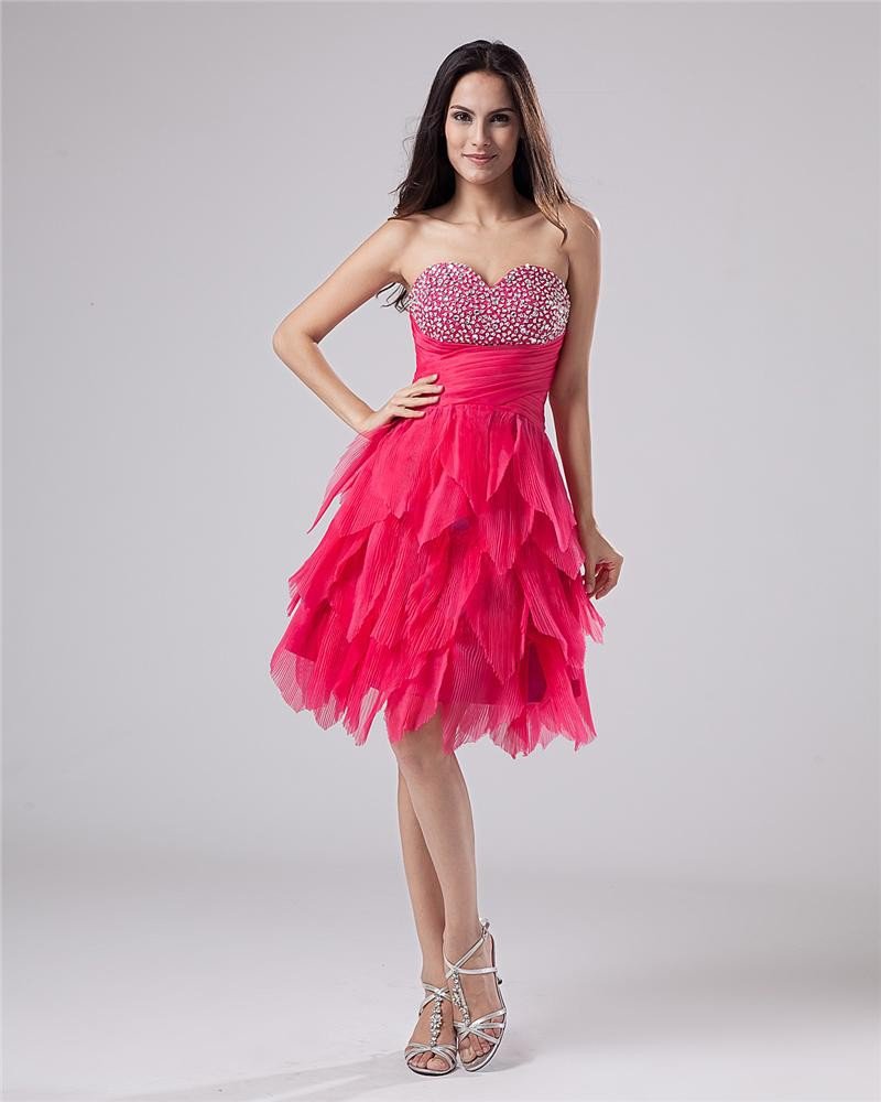 Chiffon Ruffle Layered Strapless Thigh Length Graduation Dresses