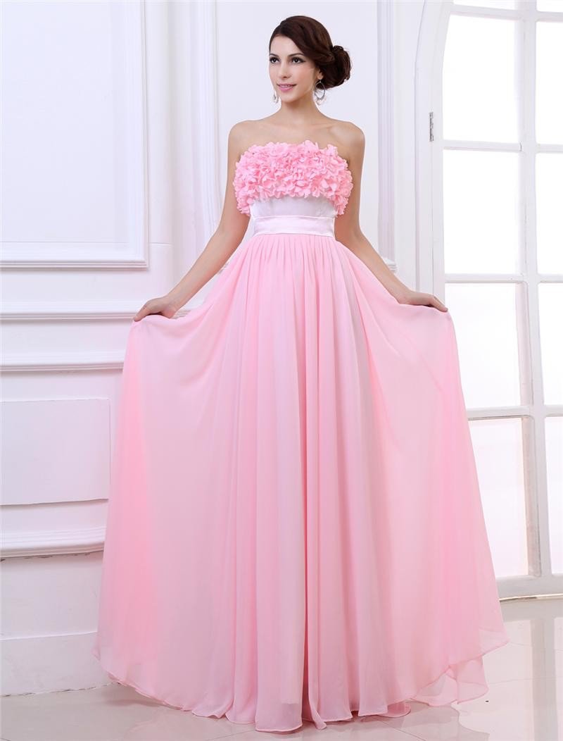 Chiffon Ruffles Flower Strapless Floor Length Graduation Dresses
