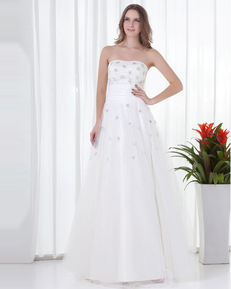 Elegant Strapless Beading Floor Length Tulle Graduation Dress