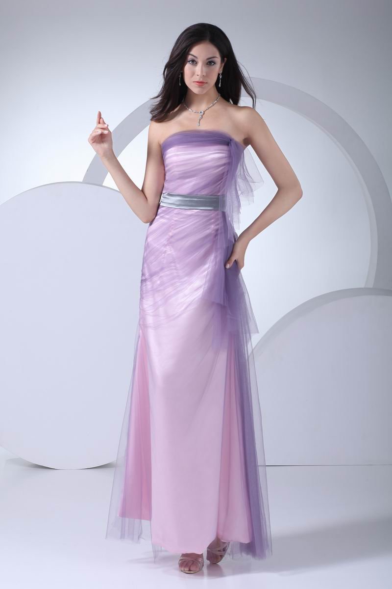 Fashion Tulle Silk like Satin Beading Strapless Ankle Length Graduation Dress