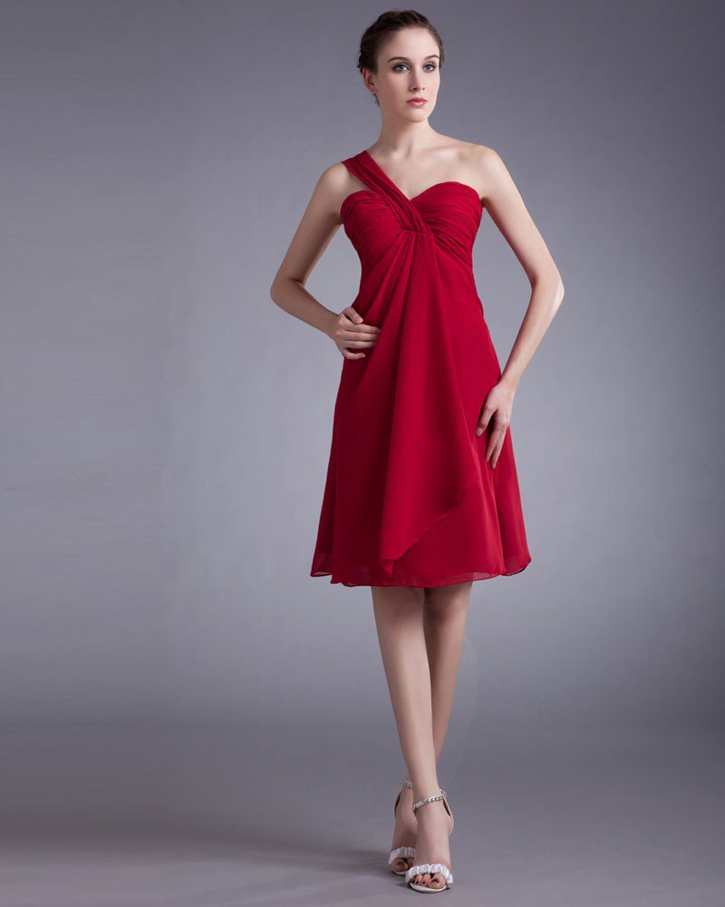 Chiffon Knee Length Ruffle One Shoulder Pleated Women Graduation Dress