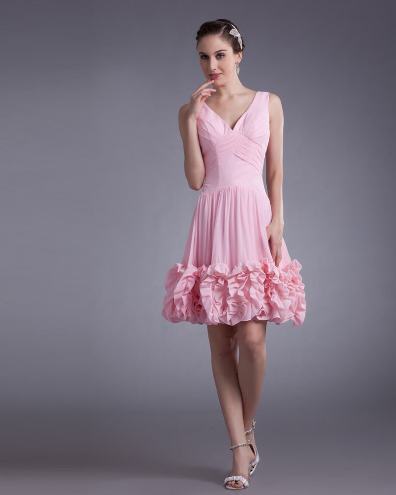 Chiffon Knee Length Ruffle V Neck Flower Women Graduation Dress