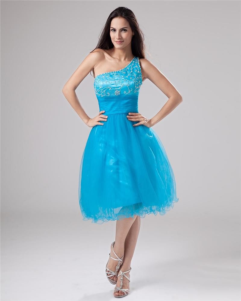 Tulle Satin Sequined Lace Beading Pleat One Shoulder Mini Graduation Dresses