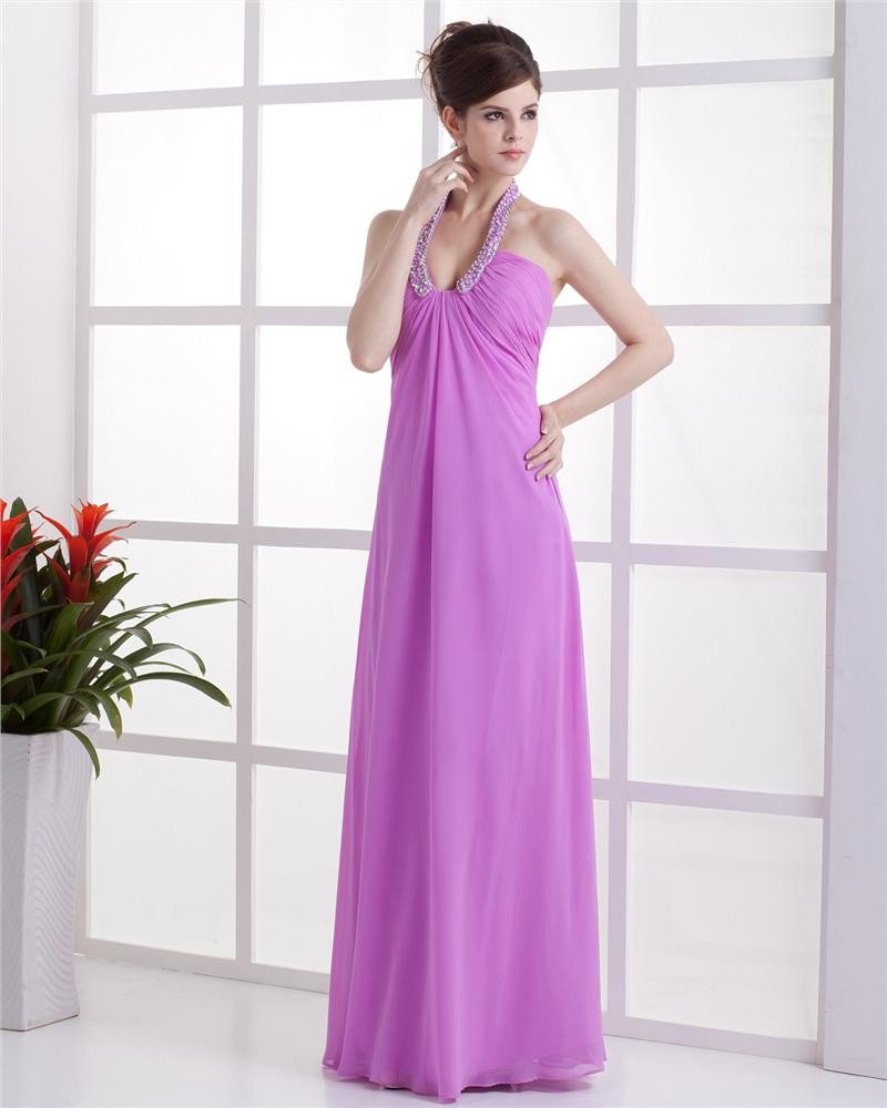 Ruffle V Neck Chiffon Floor Length Evening Party Dresses