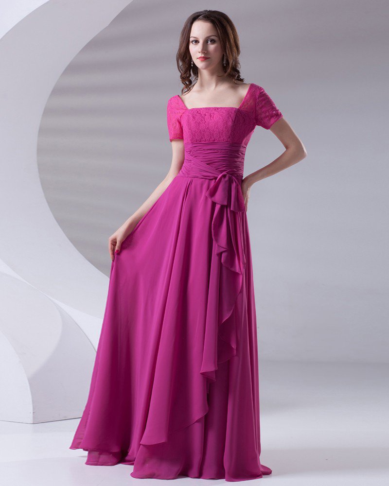 Square Ruffle Bowknot Floor Length Chiffon Lace Woman Evening Party Dress