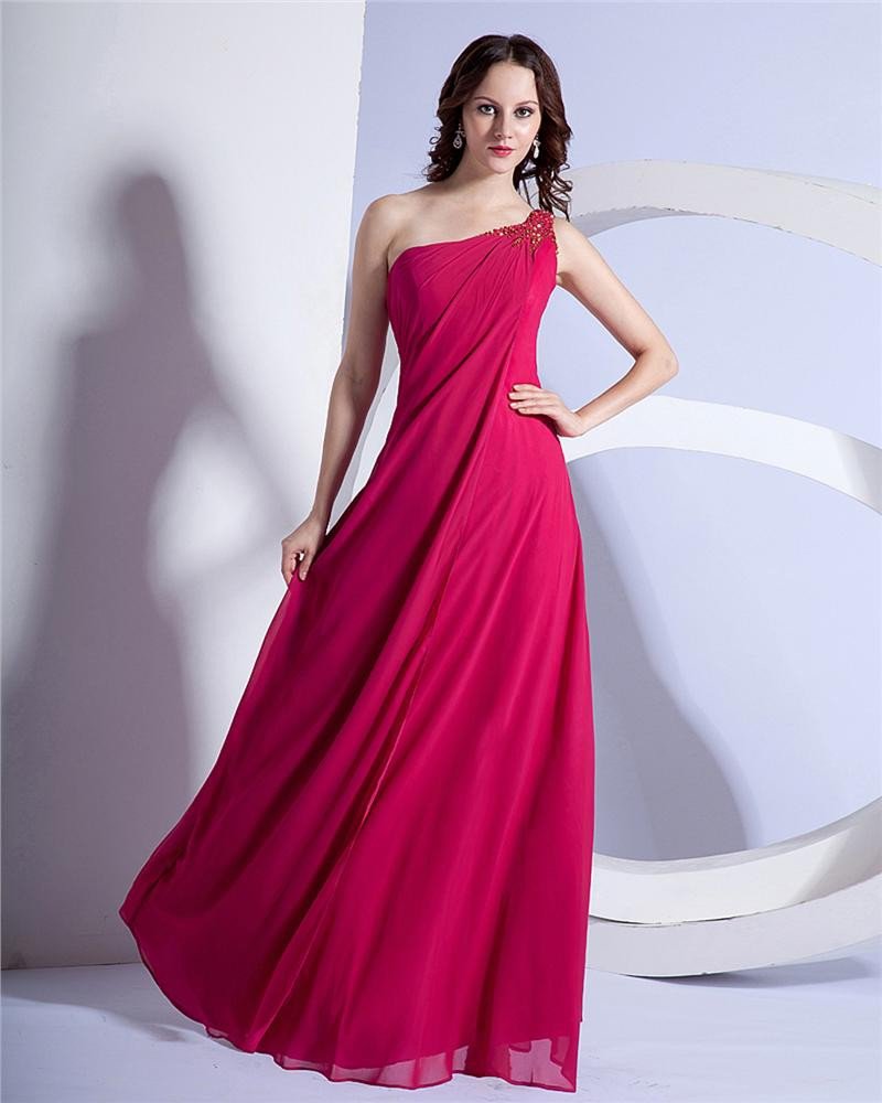 Elegant Sheath Chiffon One-shoulder Beaded Evening Party Dresses