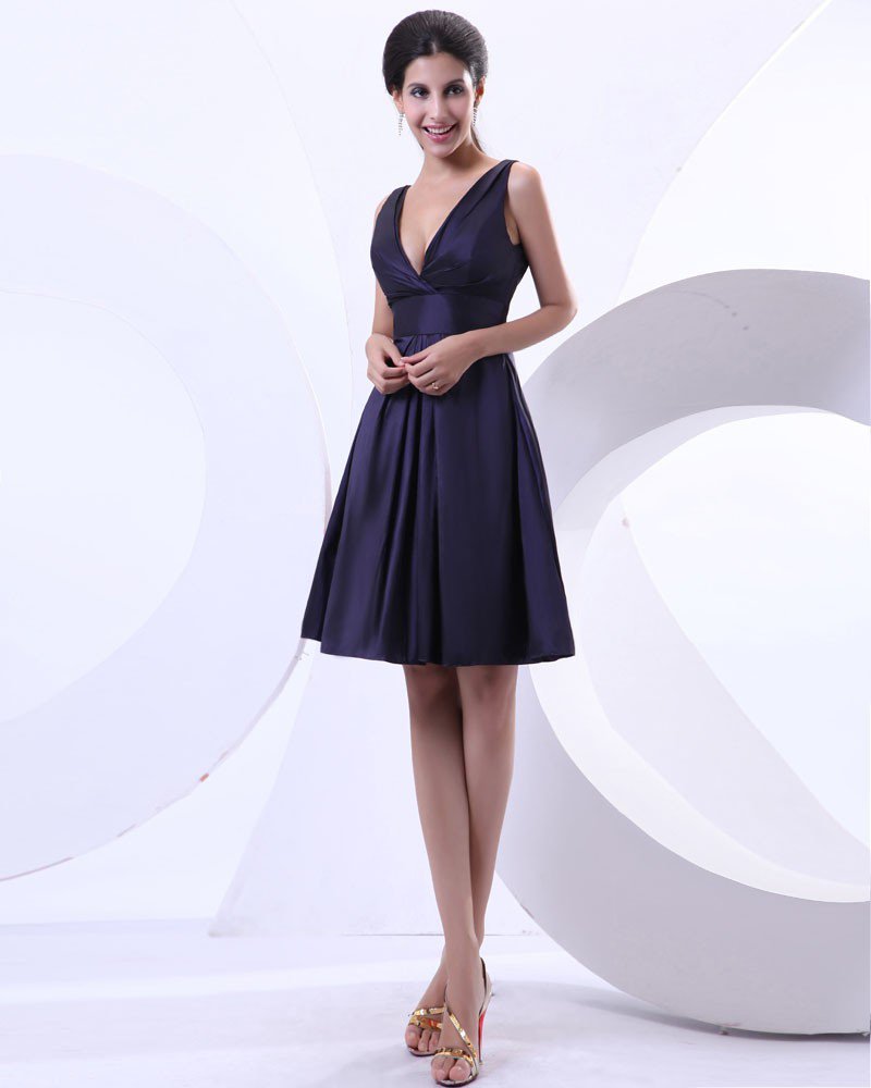 A Line Taffeta Ruffle V Neck Knee Length Evening Party Dresses