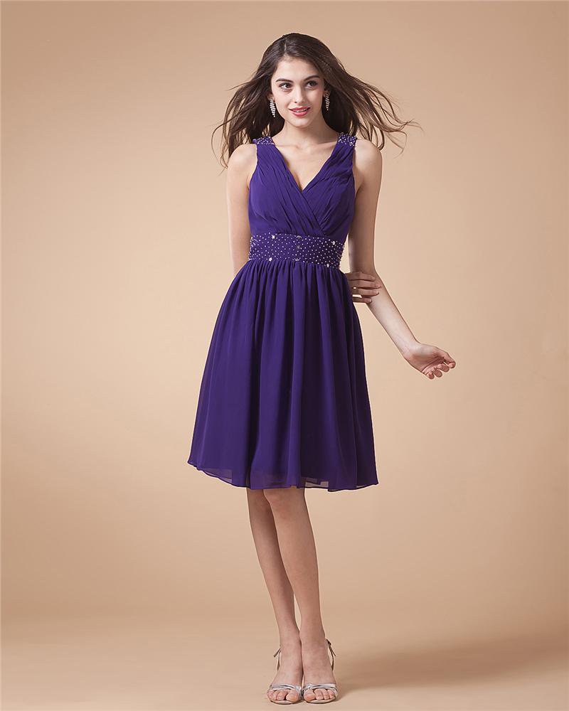 Chiffon V Neck Pleated Ankle Length Cocktail Party Dress