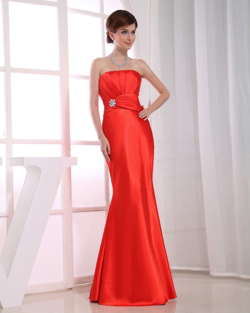Strapless Floor Length Flower Beading Pleated Silk Mermaid Woman Evening Party Dress