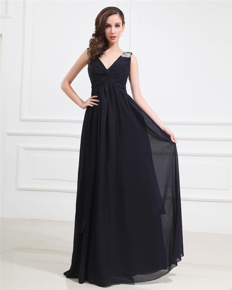 Popular Ruffle Beading Imitated Silk V Neck Floor Length Evening Party Dresses